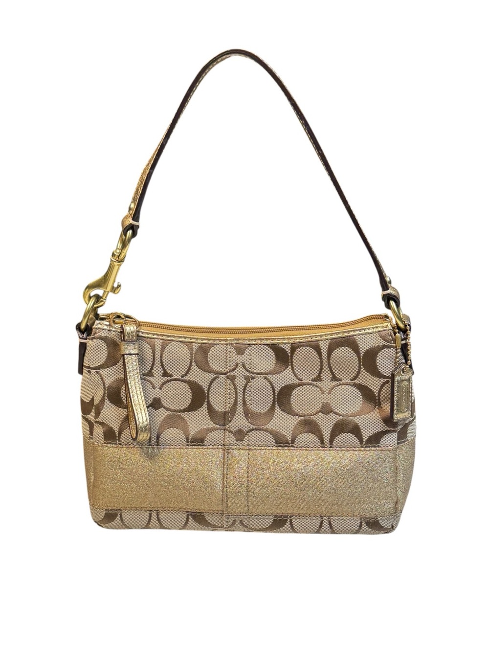 Coach Signature Monogram Canvas Stripe Gold Leather Mini Demi Shoulder Hand Bag